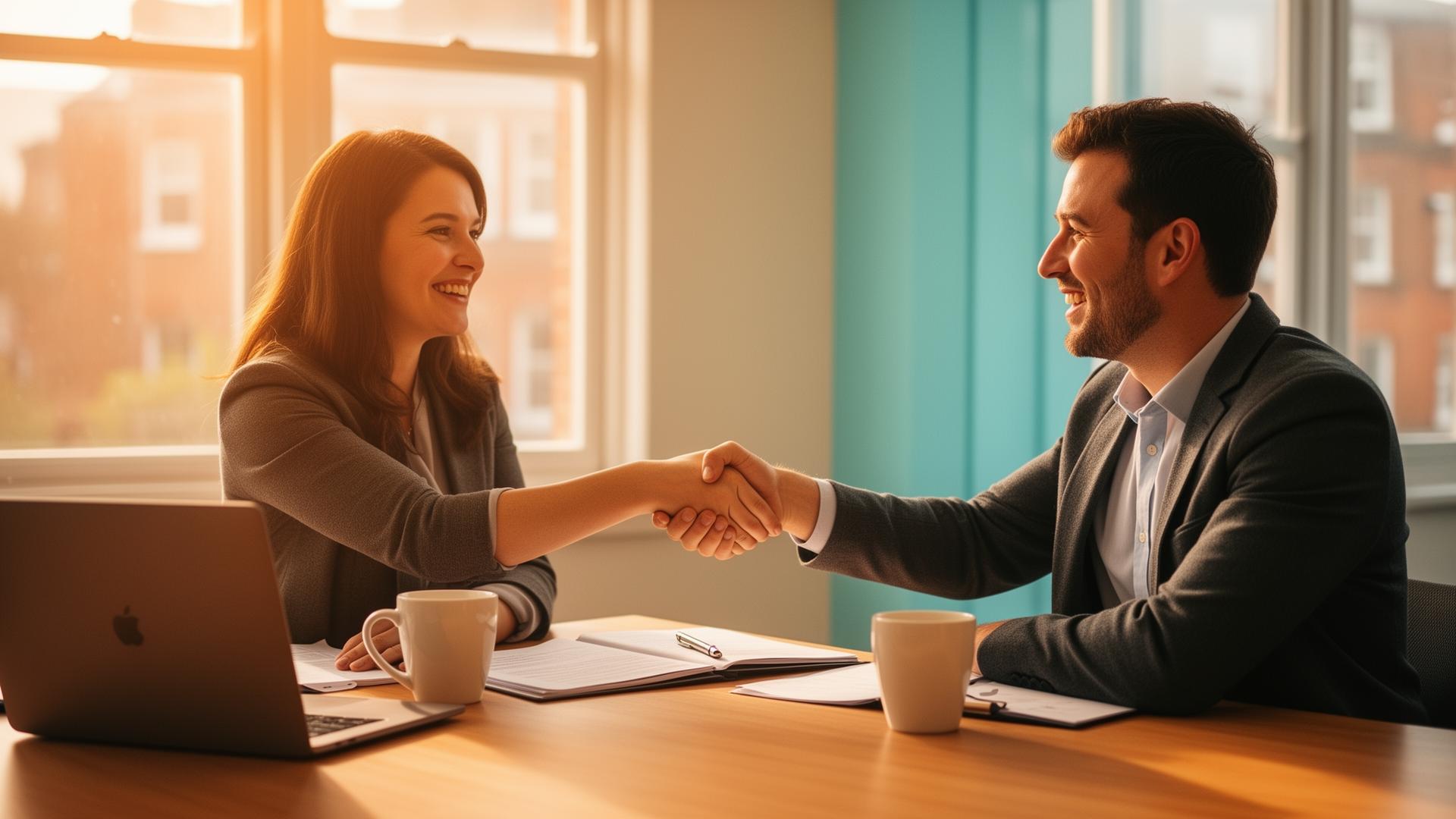 An FNS account lead shaking hands with a client across a sunlit desk