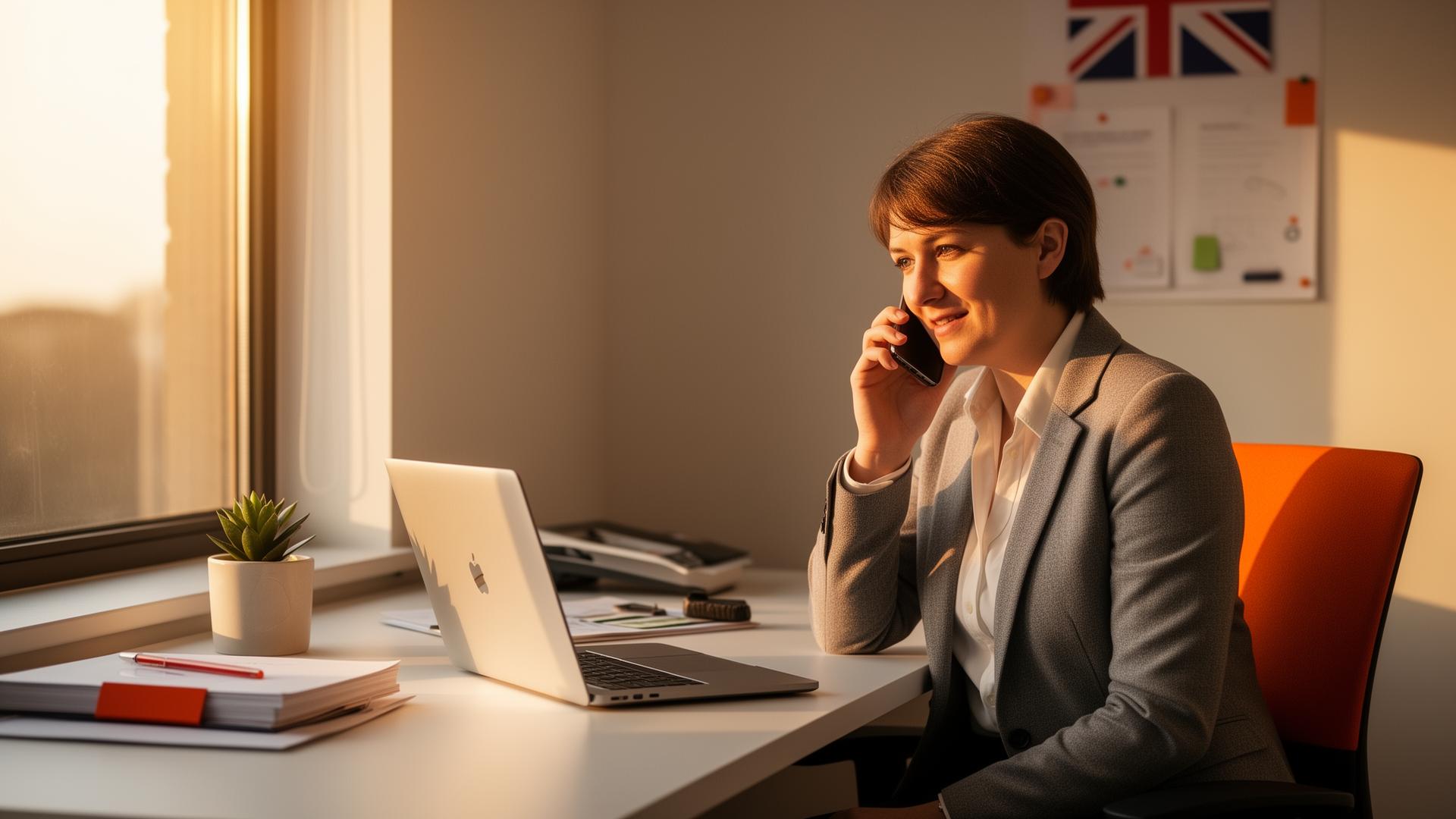 A friendly advisor on a call at a sunlit desk